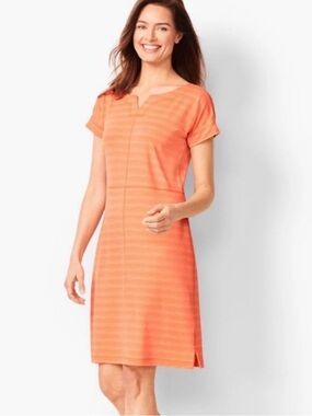NWOT T by Talbots Coral Orange Short-Sleeve Striped Swim UPF 50+ Dress
